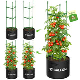 MQJIAZHI 4 Pack Tomato Trellis Cages 55 Inch Height, with 17 Gallon Square Grow Bags, Heavy Duty Tomato Plant Support Stakes for Outdoor Garden Climbing Vegetables Fruits Flowers