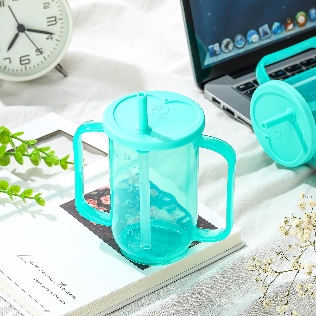 Sliner 3 Pcs Adult Sippy Cups for Elderly, 12 oz Plastic Spill Proof Cups with 2 Handles Straw and Lid for Adults Hospital Disabled Dysphagia Patients (Blue)