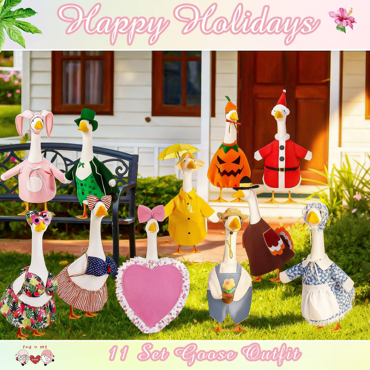 Silicherry 11 Set Holiday Porch Goose Outfits All Seasons Goose Clothes Umbrella Easter Statue Costume for Patio Lawn Outdoor(23",Cool)