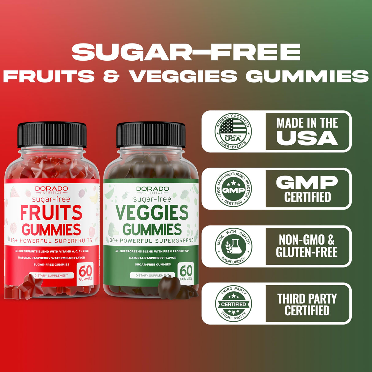 Fruit and Veggies Supplement (120 Gummies) - Premium Sugar-Free Superfood Super Green & Fruit Gummies for Adults - Immunity Support for Men & Women - Non GMO, Vegan Safe & Made in USA