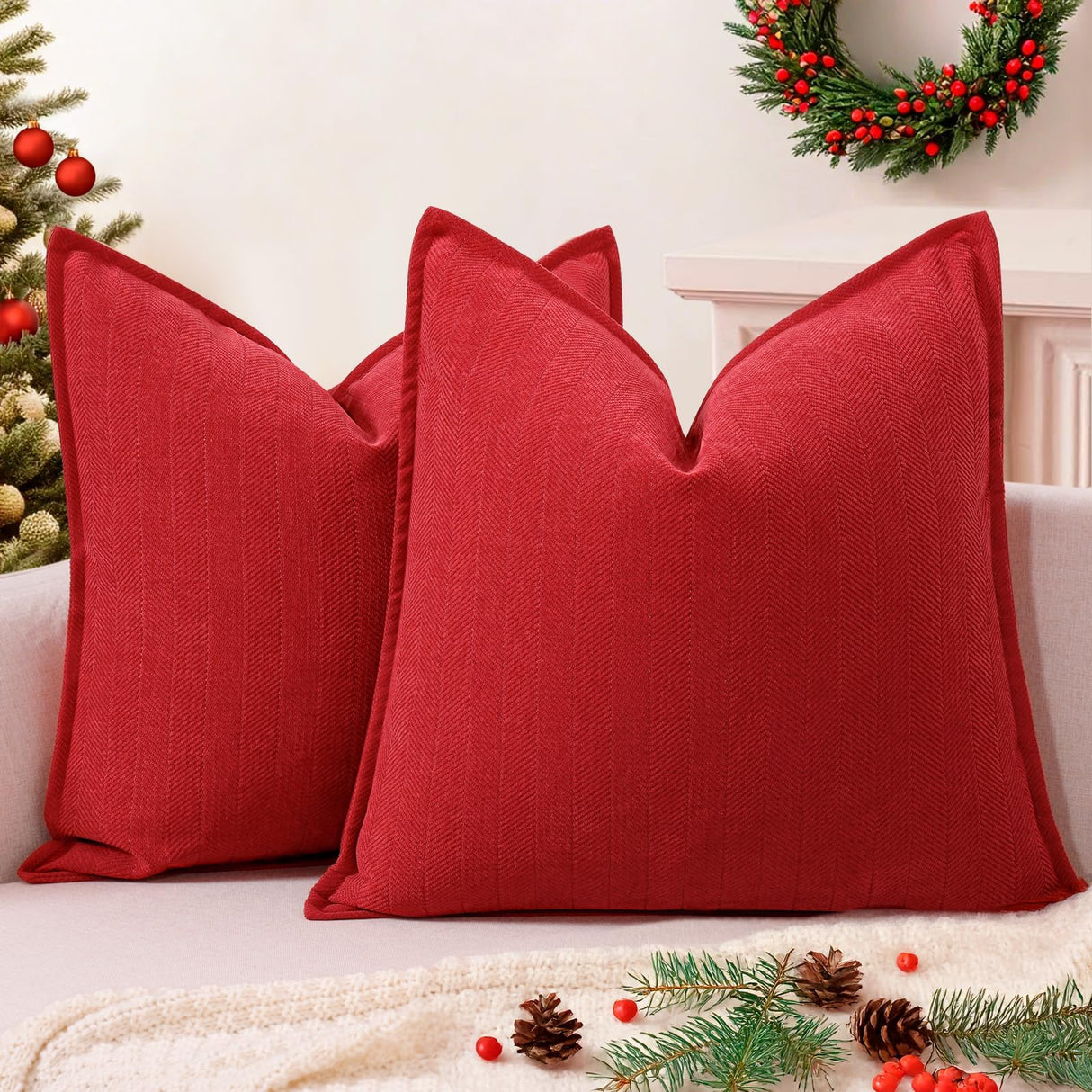 ZWJD Christmas Pillow Covers 24x24 Set of 2 Chenille Throw Red Cushion Covers with Elegant Design Soft and Luxurious Decorative Pillows for Couch, Bed, and Christmas Decor