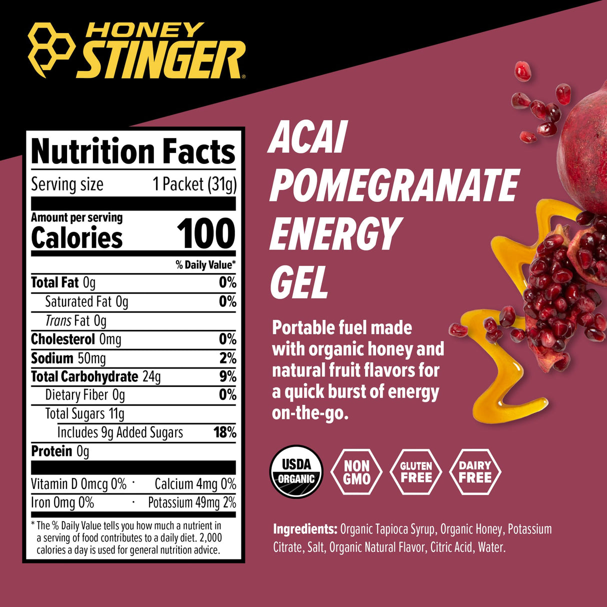 Honey Stinger Organic Acai Pomegranate Energy Gel, Gluten Free & Caffeine Free, for Exercise, Running and Performance, Sports Nutrition for Home & Gym, Pre and Mid Workout, 24 Pack, 26.4 Ounce
