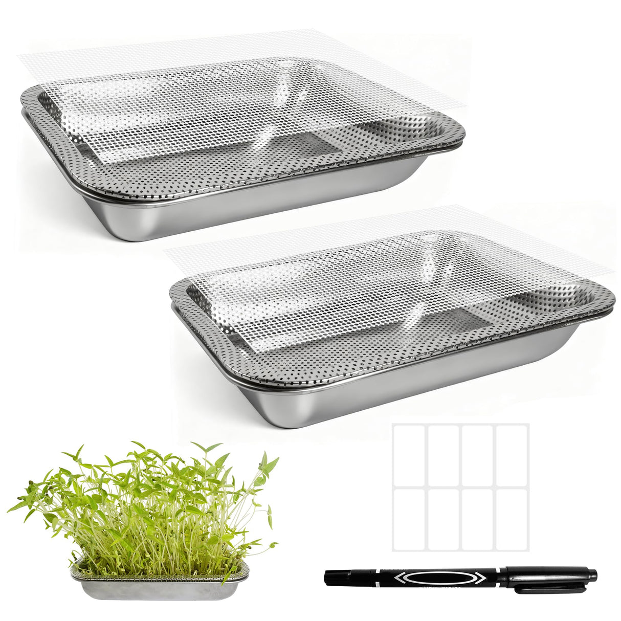 Amarys Hearth 2 Pack Stainless Steel Seed Sprouter Trays, 2-Tier Soil-Free Microgreens Growing Kit, Rust-Free Sprouting Tray with Mesh Pads for Sprouts Beans Alfalfa Wheatgrass (10.6" * 7.9" * 1.9")