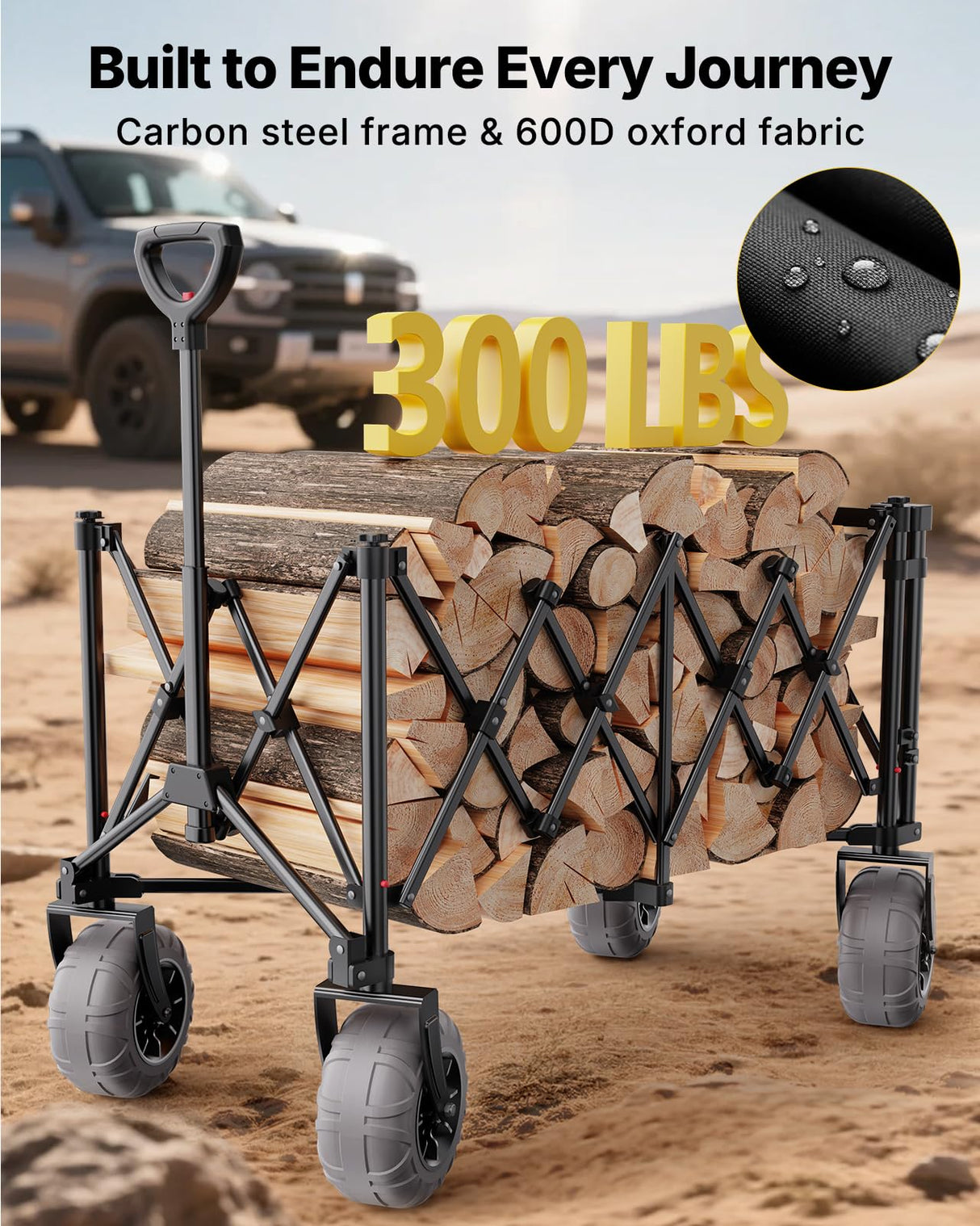 Beach Wagon with Big Wheels for Sand, 260L Capacity, Heavy Duty All-Terrain Folding Wagon with Expandable Rear, Durable Carbon Steel Frame & Big 8.3" Wheels for Beach, Outdoor & Camping Activities