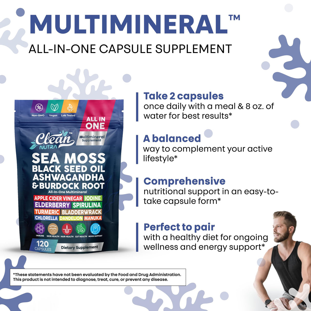 Clean Nutraceuticals Sea Moss Black Seed Oil Ashwagandha Turmeric Bladderwrack Burdock & Vitamin C Vitamin D3 with Elderberry Manuka Dandelion (120 Count (Pack of 1))