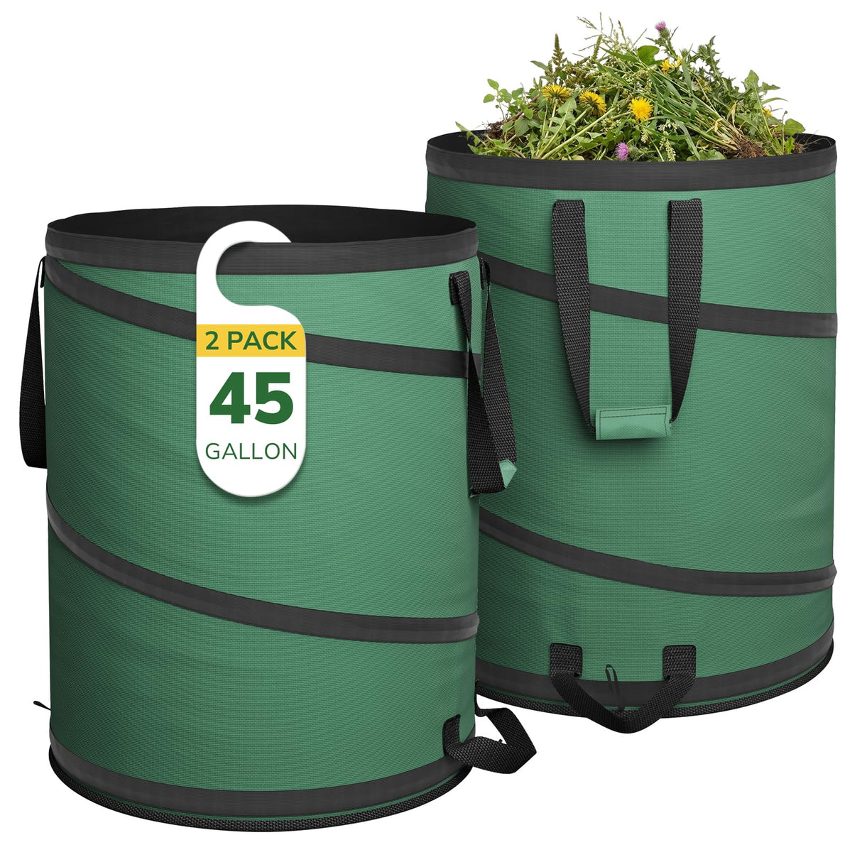 GreatBuddy Collapsible Trash Can 45 Gallon 2 Pack, Pop Up Yard Waste Bags, 600D Oxford Lawn and Leaf Bags with Drainage Holes, Self-Standing Camping Trash Can, Foldable Garden Bag for Leaf Cleanup
