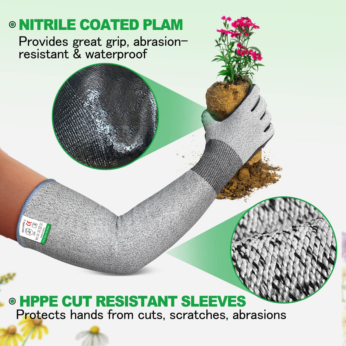 Evridwear Long Gardening Gloves for Women & Men, ANSI A4 Cut Resistant Sleeves with Nitrile Grip Palm, Machine Washable Forearm Protection for Rose Pruning, Cactus Spines & Bramble