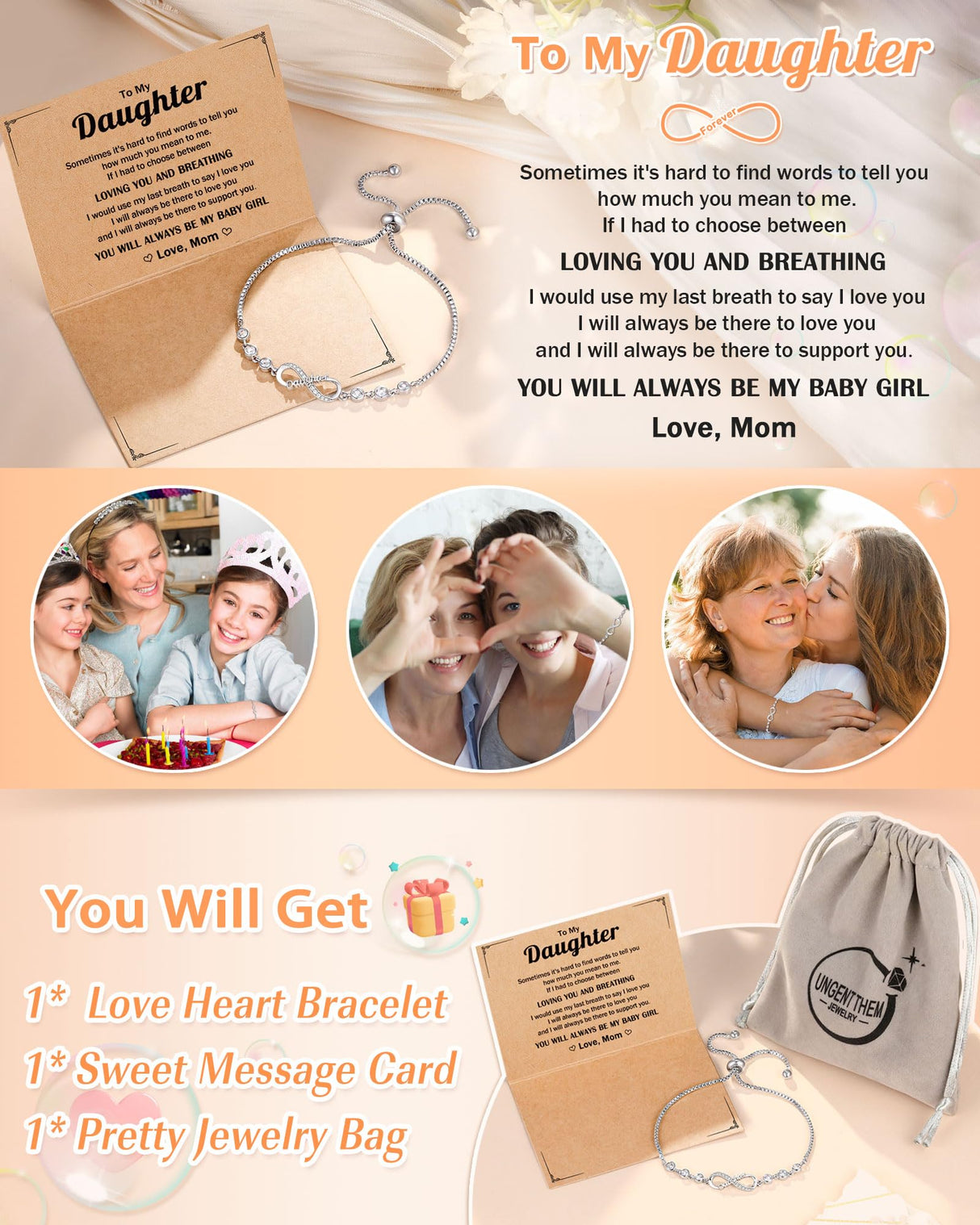 UNGENT THEM Daughter Birthday Gifts from Mom Mother Adult Daughter Bracelet