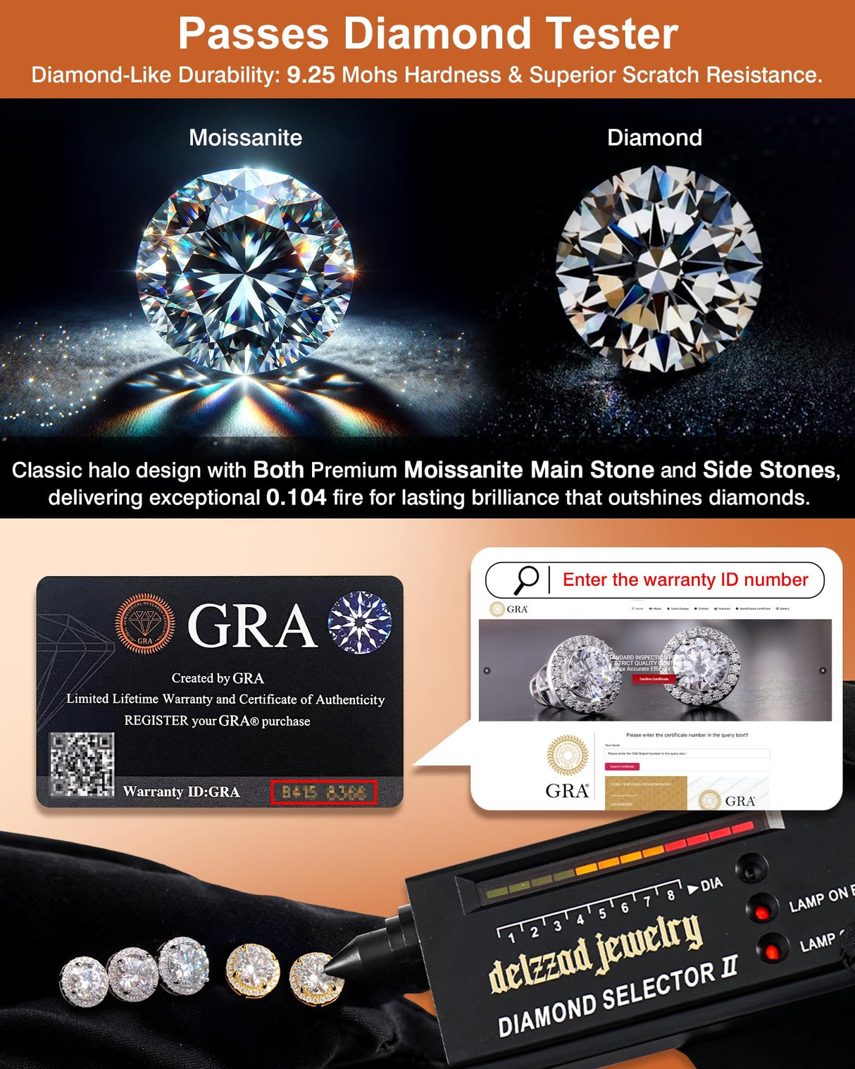 Delzzad Moissanite Earrings for Men, Solid S925 Sterling Silver and 18K Golden Plated Halo Stud Earrings for Women Valentine's Day Mother's Day - D Color VVS1 Hypoallergenic Dainty Moissanite Jewelry for Sensitive Ear, 6.5mm(1ct*2)