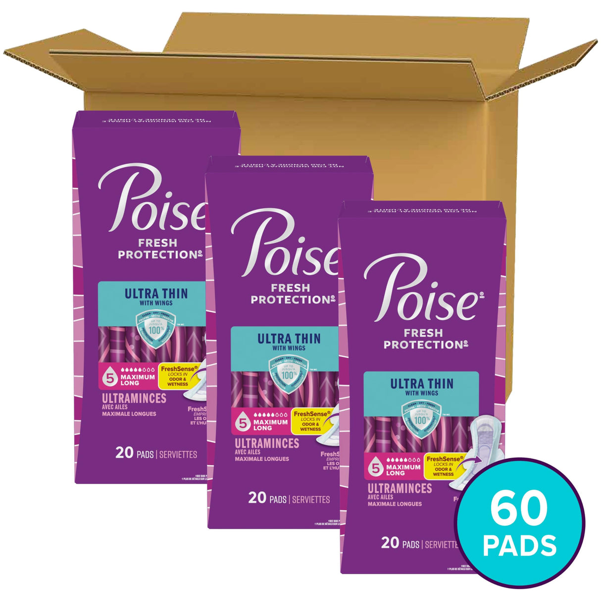 Poise Ultra Thin Incontinence & Postpartum Pads with Wings for Bladder Leaks, 5 Drop Maximum Absorbency, Long Length, 60 Count, Packaging May Vary