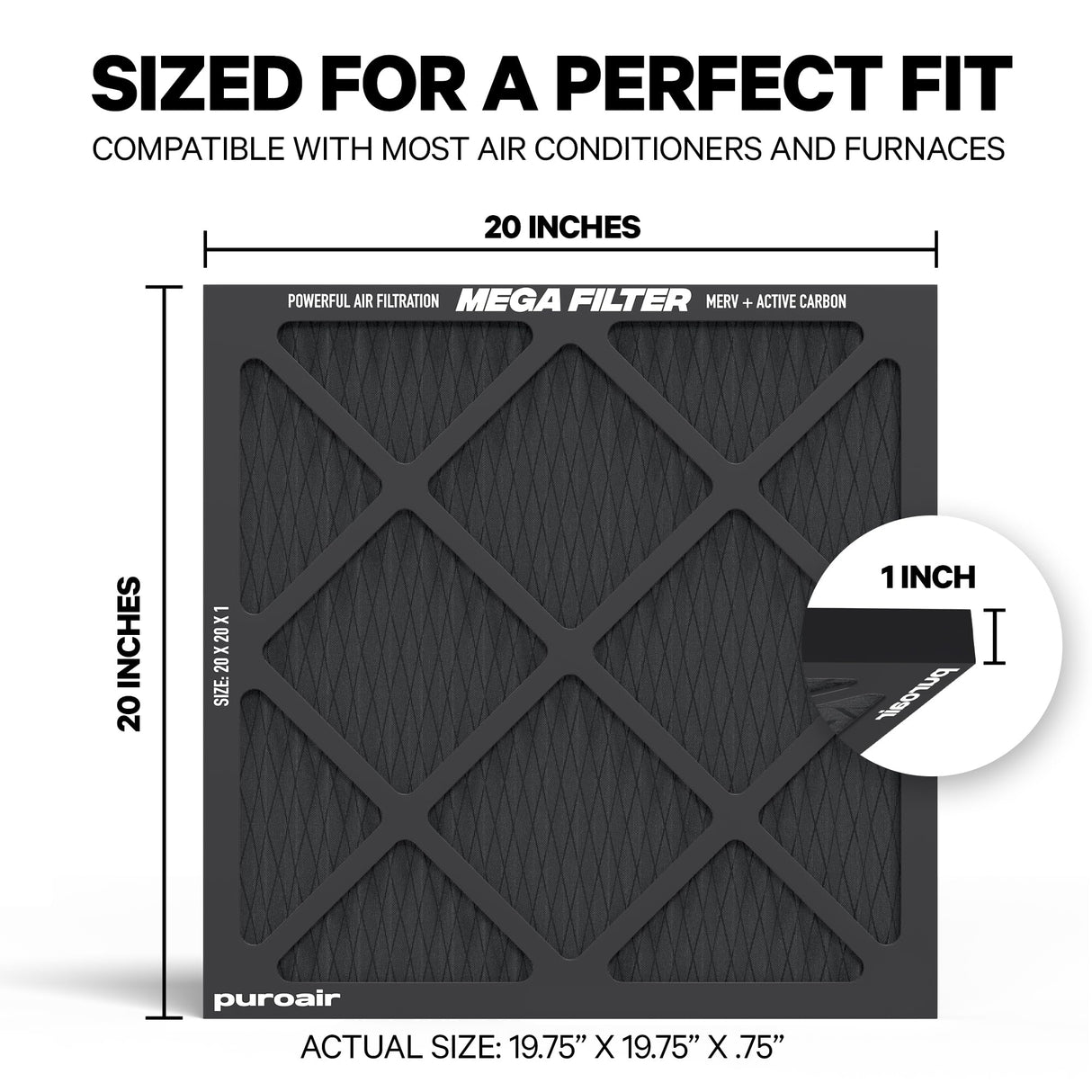 PuroAir MegaFilter - 20x20x1 Air Filter MERV 13 Activated CarbonTech Defense - Heavy Duty 3 Layer Furnace Filters Allergens, Pollen, Dust, Pet Dander, Smoke, Odors - HVAC Air Filter 20x20x1 (1-Pack)