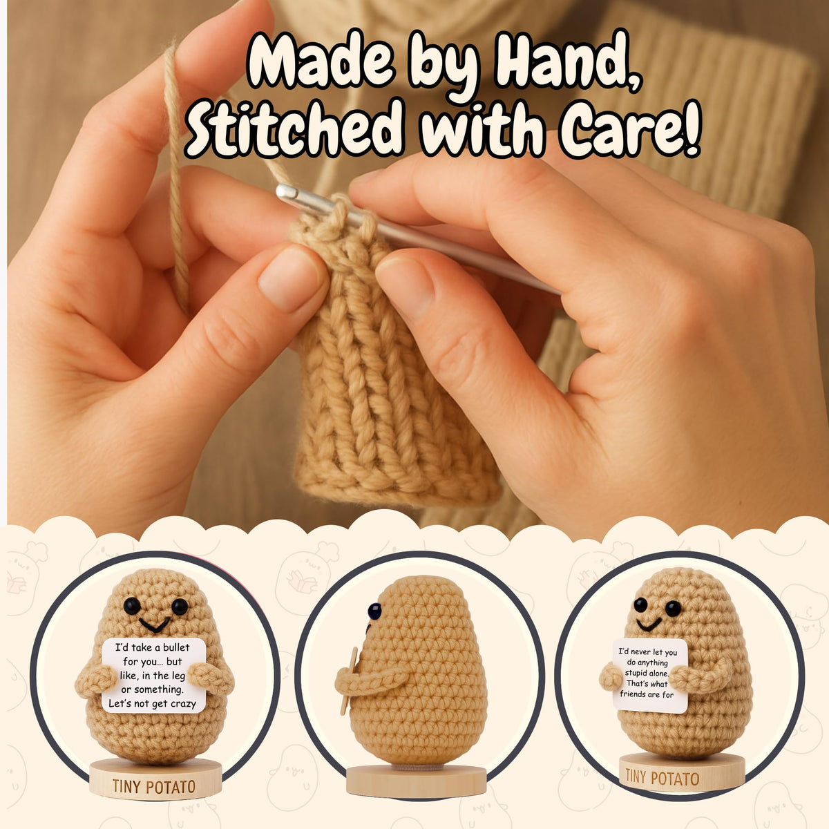 Funny Friendship Gift - Tiny Potato Crochet With 30 Sassy Messages for Women Friends Bestie Coworker Sister - Best Friend Birthday Gifts for Women, Emotional Support Encouragement Present Idea for Her