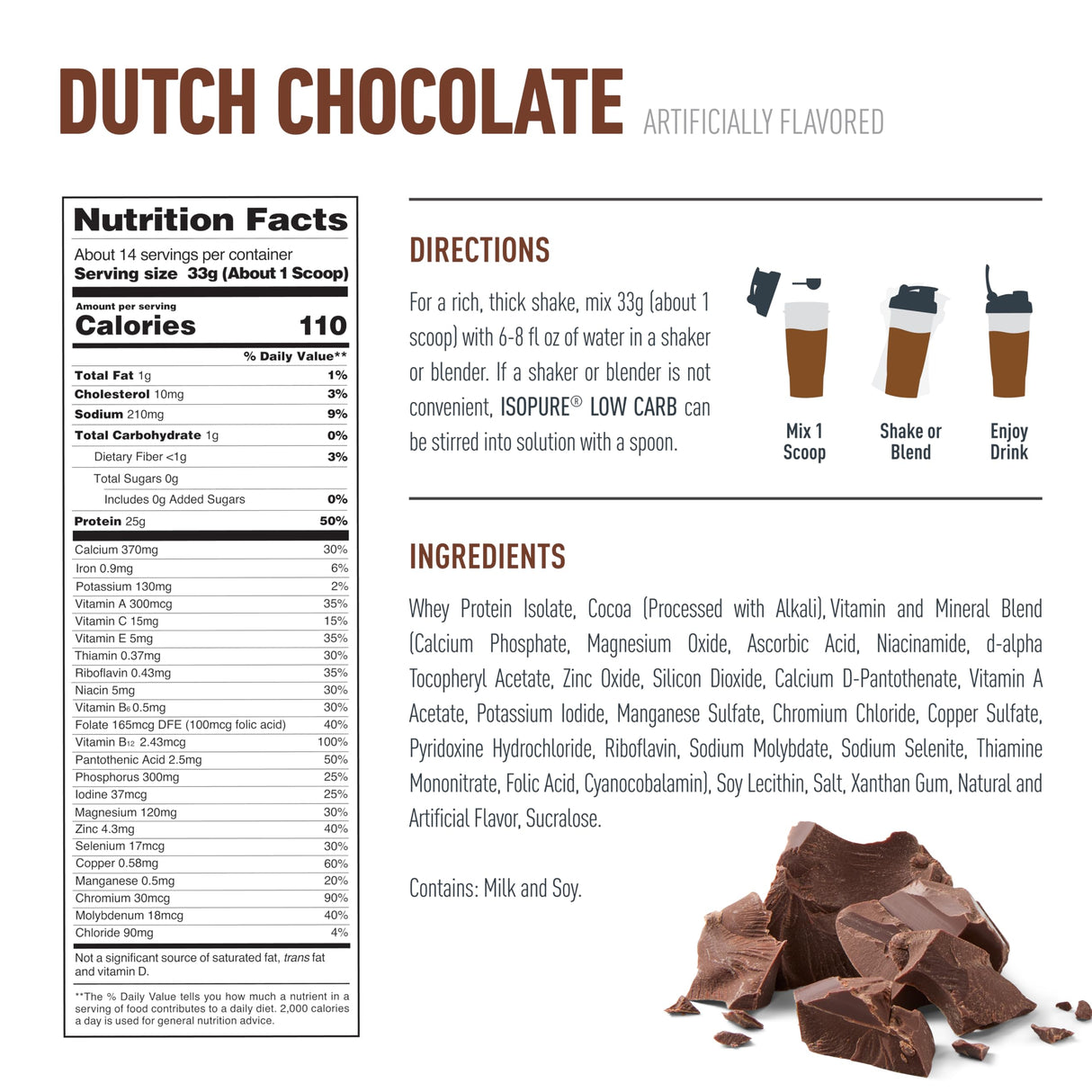 Isopure Low Carb 100% Pure Whey Isolate Protein Powder, Lactose Free, Gluten Free, With Vitamins, Dutch Chocolate, 25g Protein Per Serving, 4.5 Lbs, 62 Servings (Packaging May Vary)