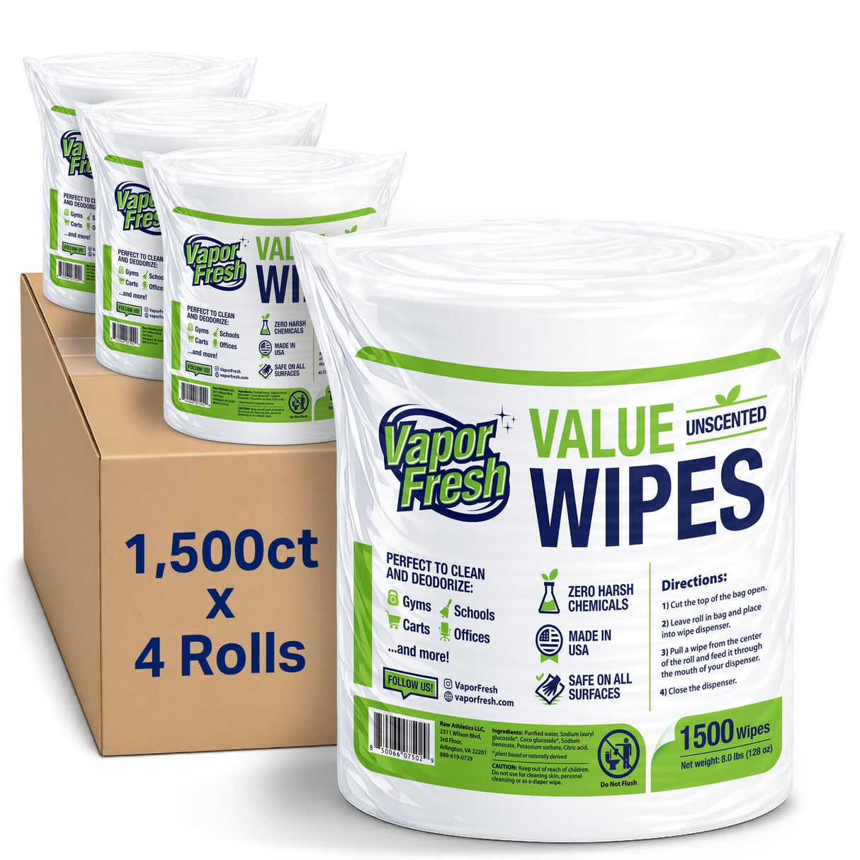 Vapor Fresh Value Wipes - 1,500 Count x 4 Rolls (6,000 Total Wipes) Plant Powered Commercial Grade Cleaner For Gym Equipment, Fitness Studios, Spas, Schools - Bulk Refill Rolls - Unscented