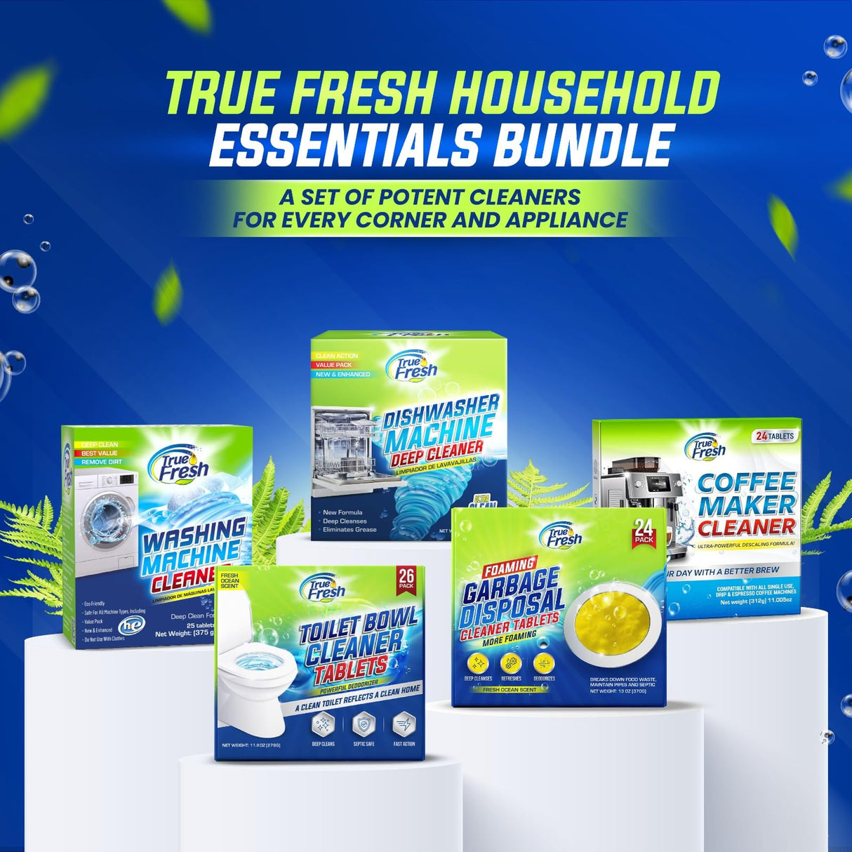 True Fresh Washing Machine Cleaner Tablets – 25-Pack Deep Cleaning for Front Loader, Top Load & HE Washers – Helps Remove Odor-Causing Residues, Pet Hair & Hard Water Buildup – Septic Safe