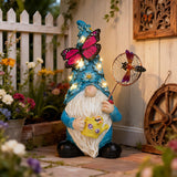 Foreby Garden Gnome Statues Outdoor Decor Solar Gnomes with Butterfly on LED Lighted Flowers, Resin Blue Gnomes Sculpture for Patio Yard Lawn Onament Decoration