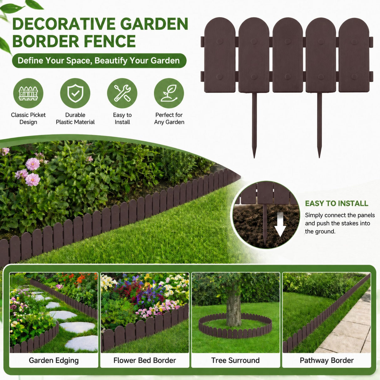 Evelyne Garden Border Plastic Edging: Wooden Fence Design - 16pcs Brown Yard Landscaping Fence Liner Lawn Edge Barrier - 20ft Kit of Decorative Lawn Panels Elements -Landscaping Edging-GMT-10374-A16
