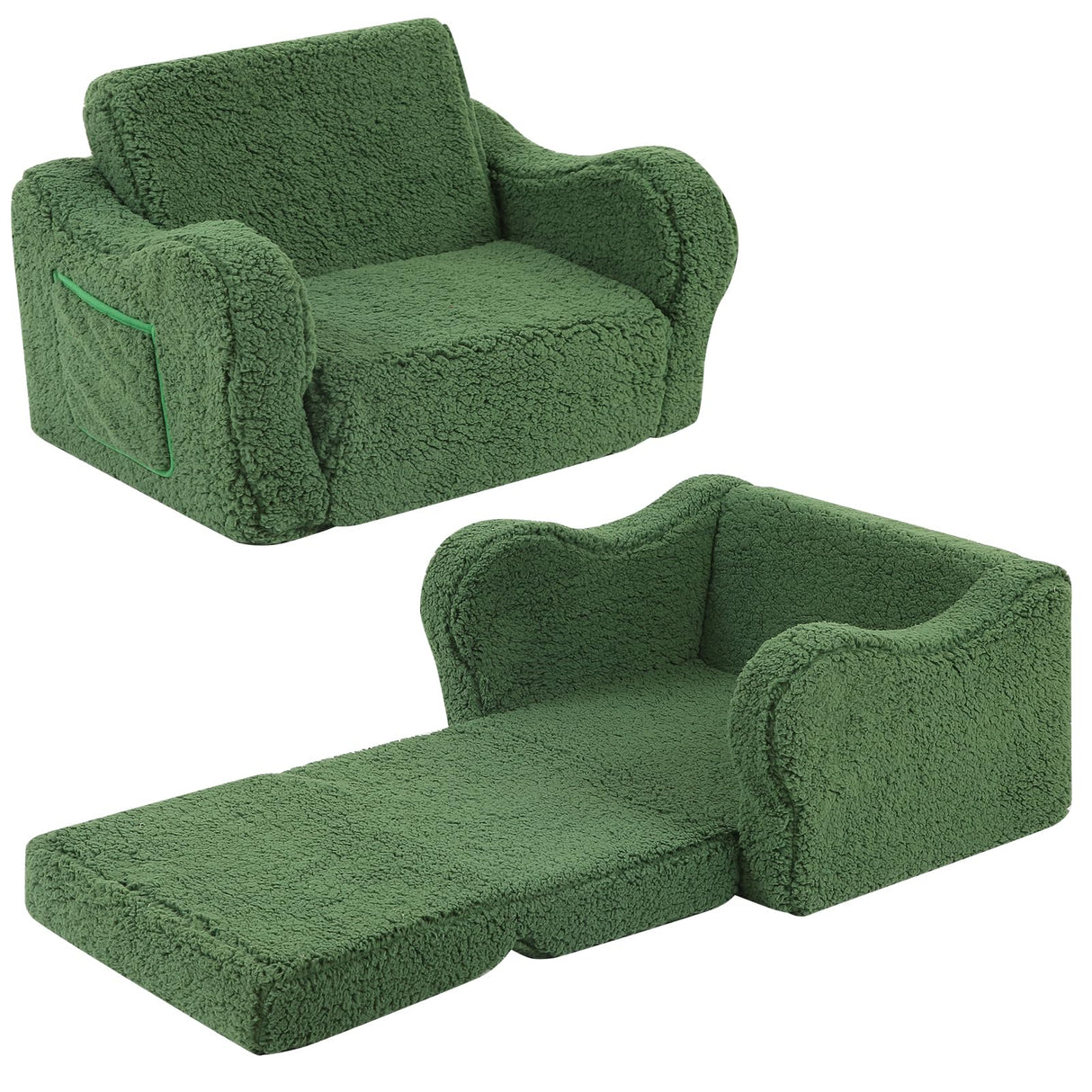 MOMCAYWEX Kids Chairs for Toddler, 2-in-1 Toddler Soft Sherpa Couch Fold Out, Convertible Sofa to Lounger for Girls and Boys, Christmas Decor, Green