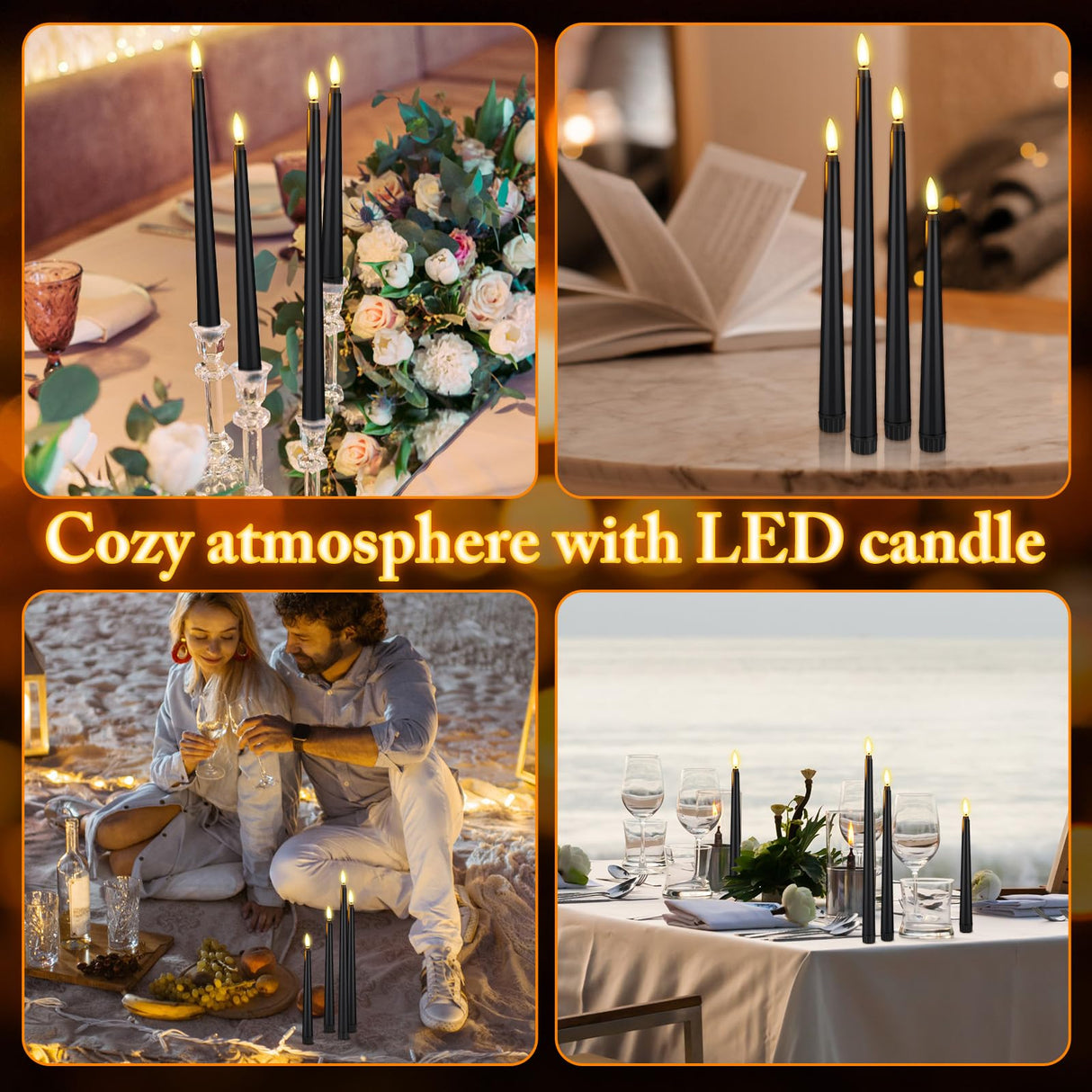 Rossesay 24 Pcs Flameless LED Taper Candles Battery Operated Candles 8.58'', 9.69'', 10.98'', 12.91'', 12.8'' Flameless Candlesticks Flickering for Halloween Christmas Church Wedding(Black)