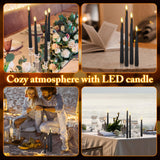 Rossesay 24 Pcs Flameless LED Taper Candles Battery Operated Candles 8.58'', 9.69'', 10.98'', 12.91'', 12.8'' Flameless Candlesticks Flickering for Halloween Christmas Church Wedding(Black)