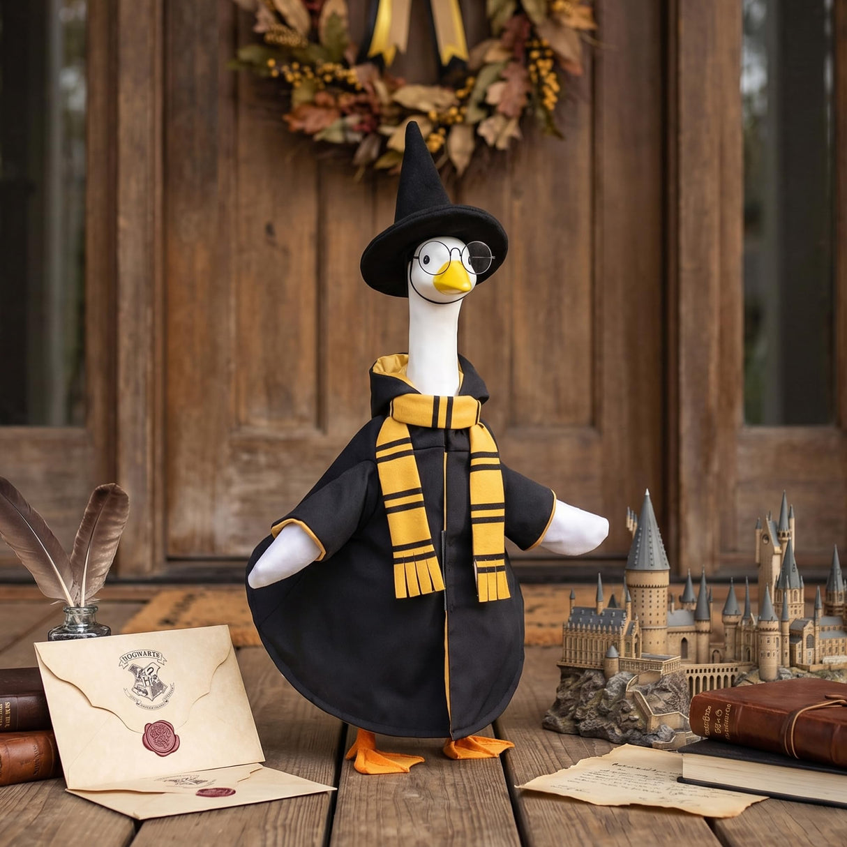 Tmovjxv 4 Pcs Halloween Wizard Porch Goose Outfit, Lawn Porch Goose Clothes Wizard Costume for 23'' Statue, Witch Garden Geese Outfit with Hat Scarf Glasses for Patio Yard Christmas Decor (Yellow)