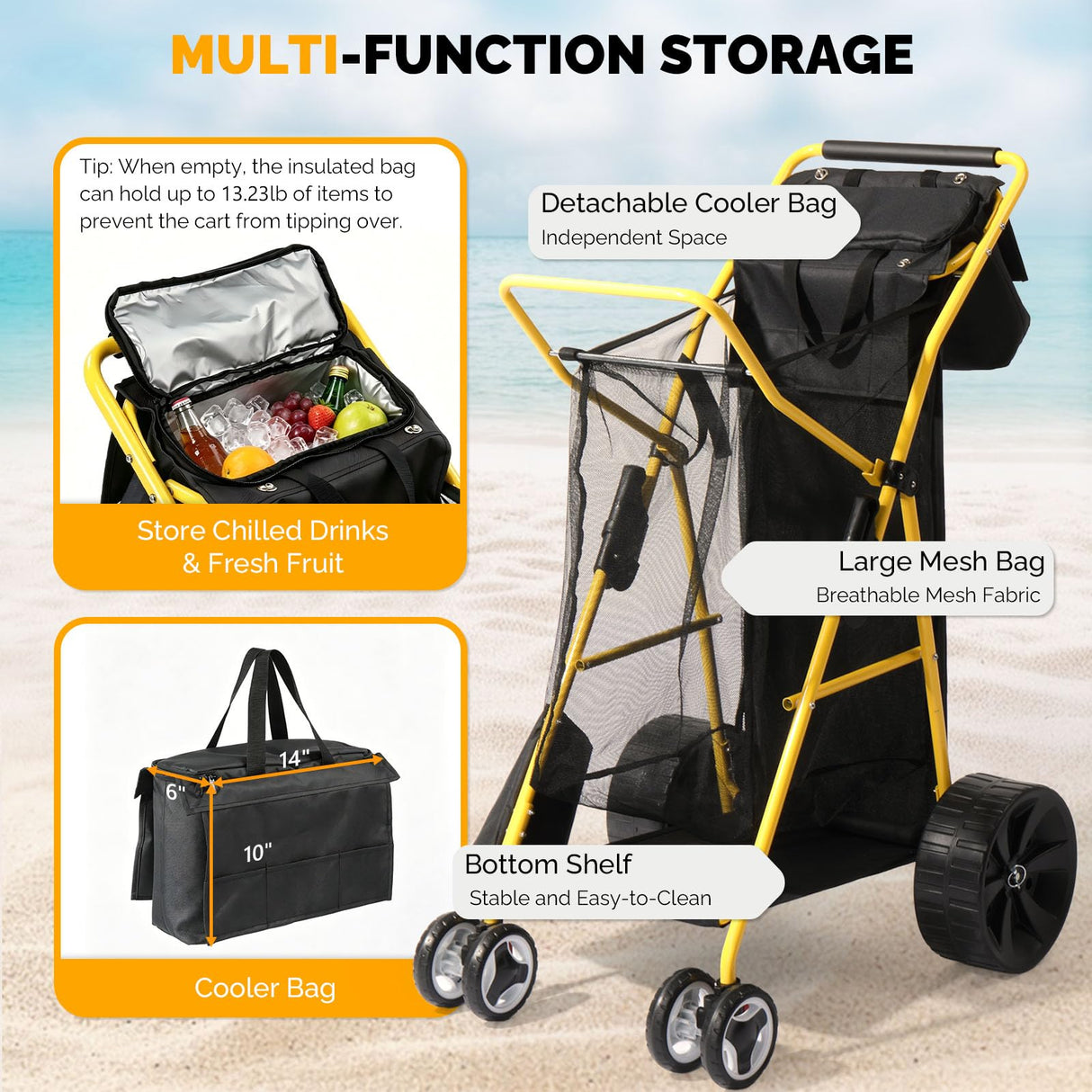 Bonnlo Beach Fishing Cart for Sand, Solid Wheel 11" Large All Terrain Wheels, Foldable Beach Wagon, Insulated Bag, 165lbs Capacity, Large Storage Space