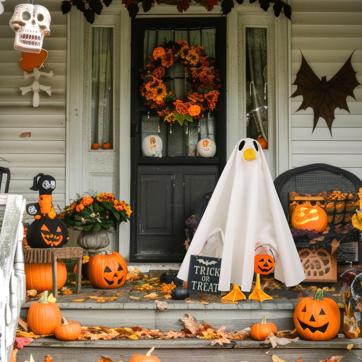 Aymolas Halloween Goose Outfit Ghost Porch Outfits Yard Statue Clothes Silly Lawn Goose Costume for 23'' Plastic/Cement Statues Patio Lawn Decor