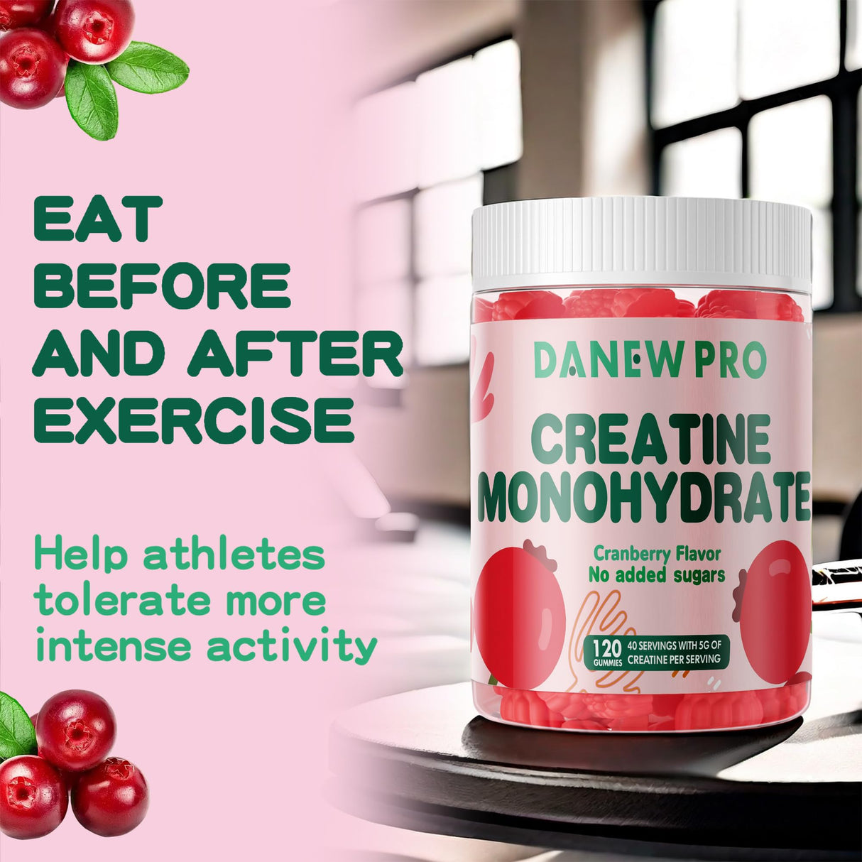 DANEW Pro Creatine Monohydrate Gummies 5000mg for Men & Women, Creatine Monohydrate for Muscle Strength, Muscle Builder, Energy Boost, Pre-Workout Supplement(120 Count)-Cranberry Flavor