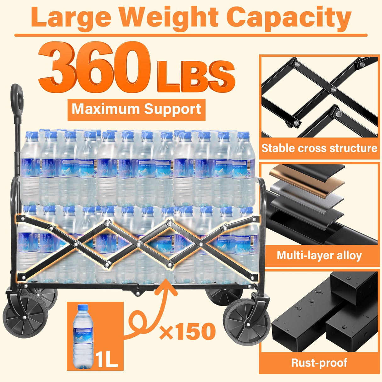 Wagons Carts Foldable,360lbs Collapsible Wagon with Wheels, Foldable Wagon