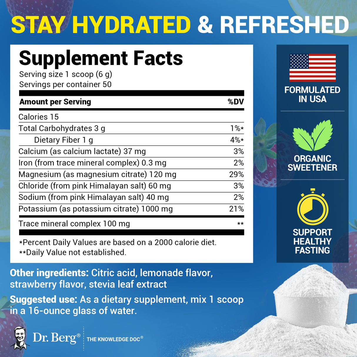 Dr. Berg Zero Sugar Hydration Keto Electrolyte Powder - Enhanced w/ 1000 mg of Potassium & Real Pink Himalayan Salt (NOT Table Salt) - Strawberry & Lemonade Hydration Drink Supplement - 50 Servings