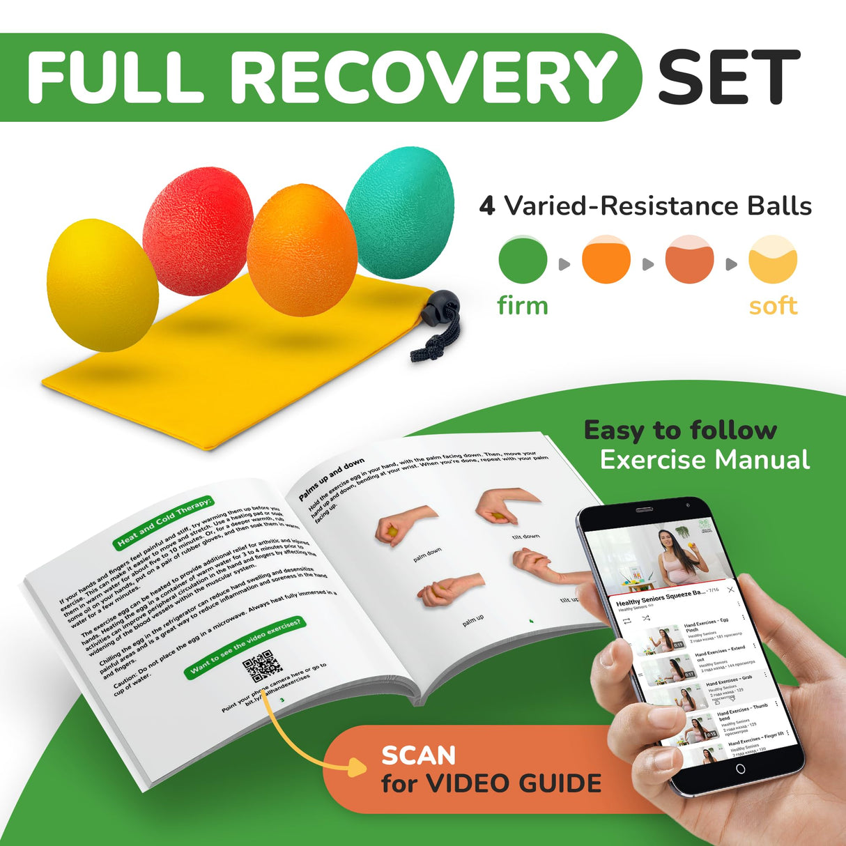 Squeeze Balls for Hand Therapy - Set of 4-Hand Exercise Balls for Arthritis & Carpal Tunnel - Strengthens Wrist & Fingers - Premium Stress Ball for Adults Therapy with a Complete Guide Book