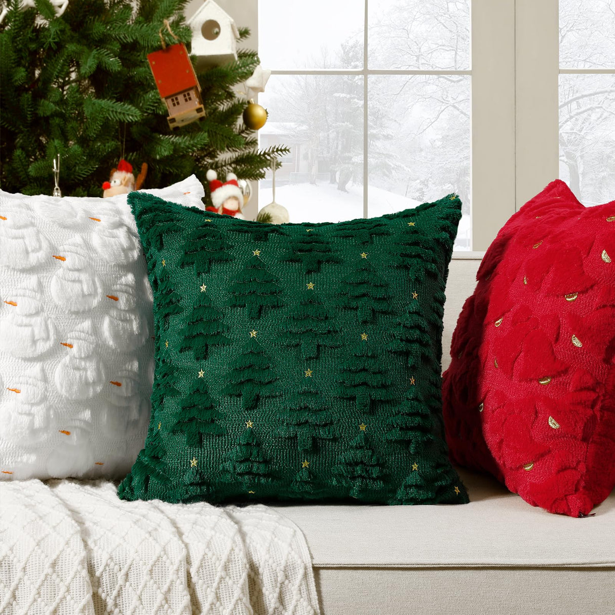 Softalker Christmas Throw Pillow Covers 22 x 22 Inch Set of 2, Xmas Winter Christmas Tree Faux Fur Cushion Covers, 3D Embroidered Pillow Cases for Couch Bedroom Living Room Decor, Green