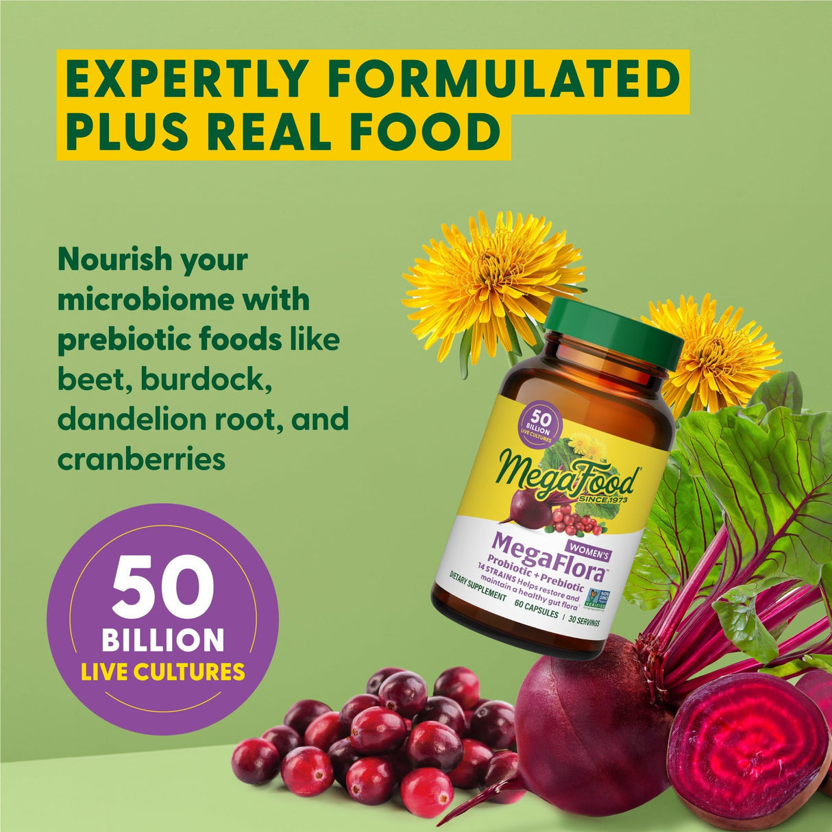 MegaFood MegaFlora Probiotics and Prebiotics for Women with 14 Strains & 50 Billion CFUs, Cranberry, Digestive Health, Vegetarian, Prebiotics and Probiotics for Women - 60 Capsules (30 Servings)