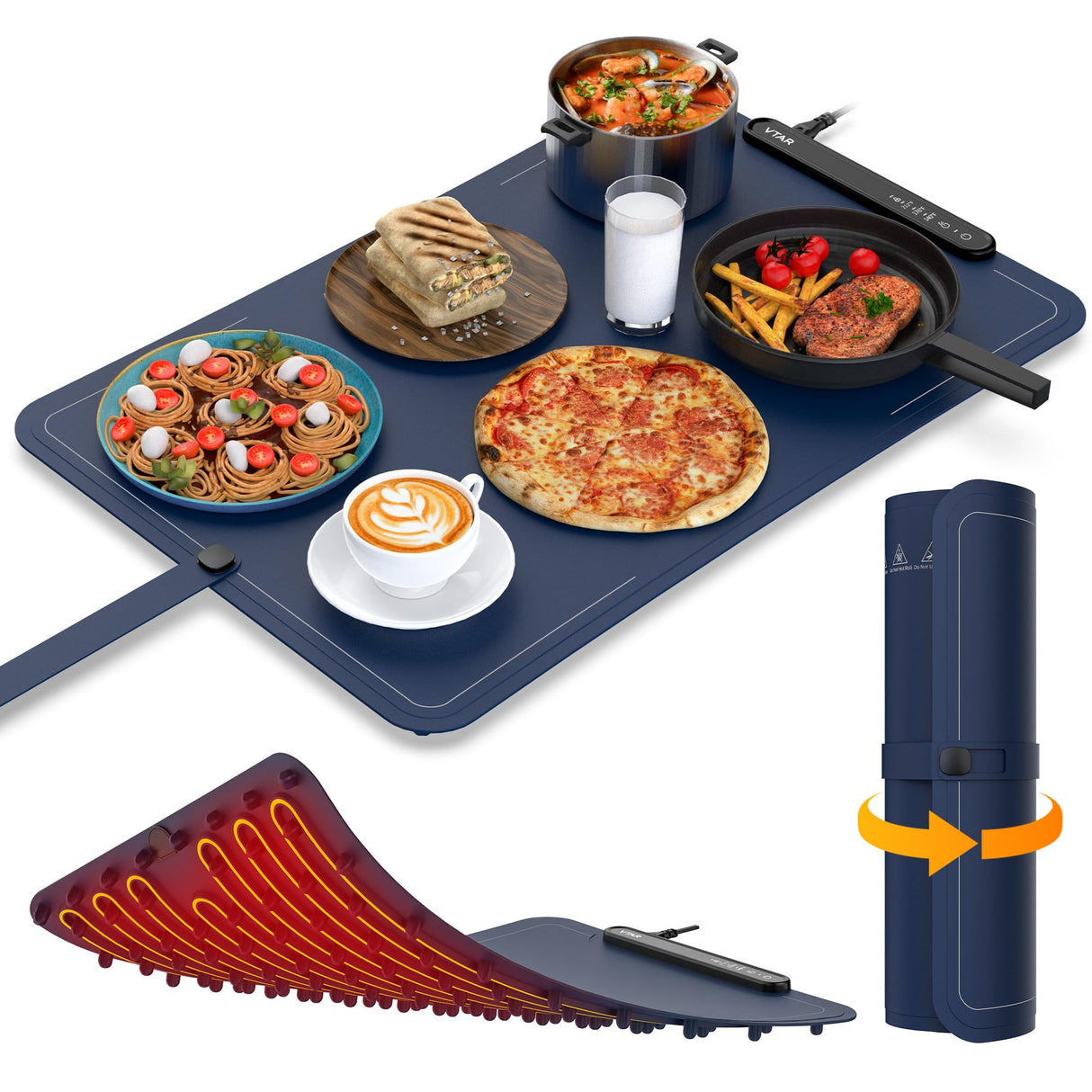 VTAR Rollable Electric Food Warming Mat | 3-Temp Buffet Tray Warmer for Parties | Even Heating, Portable Silicone Design, Auto Shut Off & Child Lock- Blue