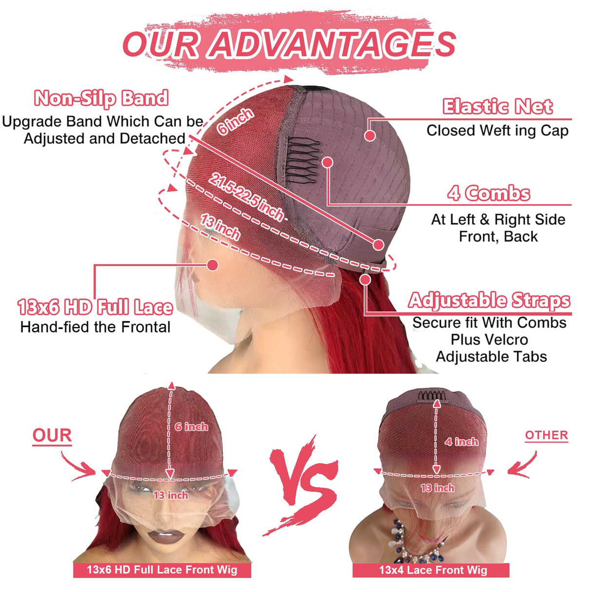 ELFSECRET Red Lace Front Wigs Human Hair Body Wave 13x6 HD Lace Front Wig Human Hair 180% Density Wear and Go Glueless Red Wigs Human Hair Pre Plucked Burgundy Red Colored Wigs for Women 26 Inch