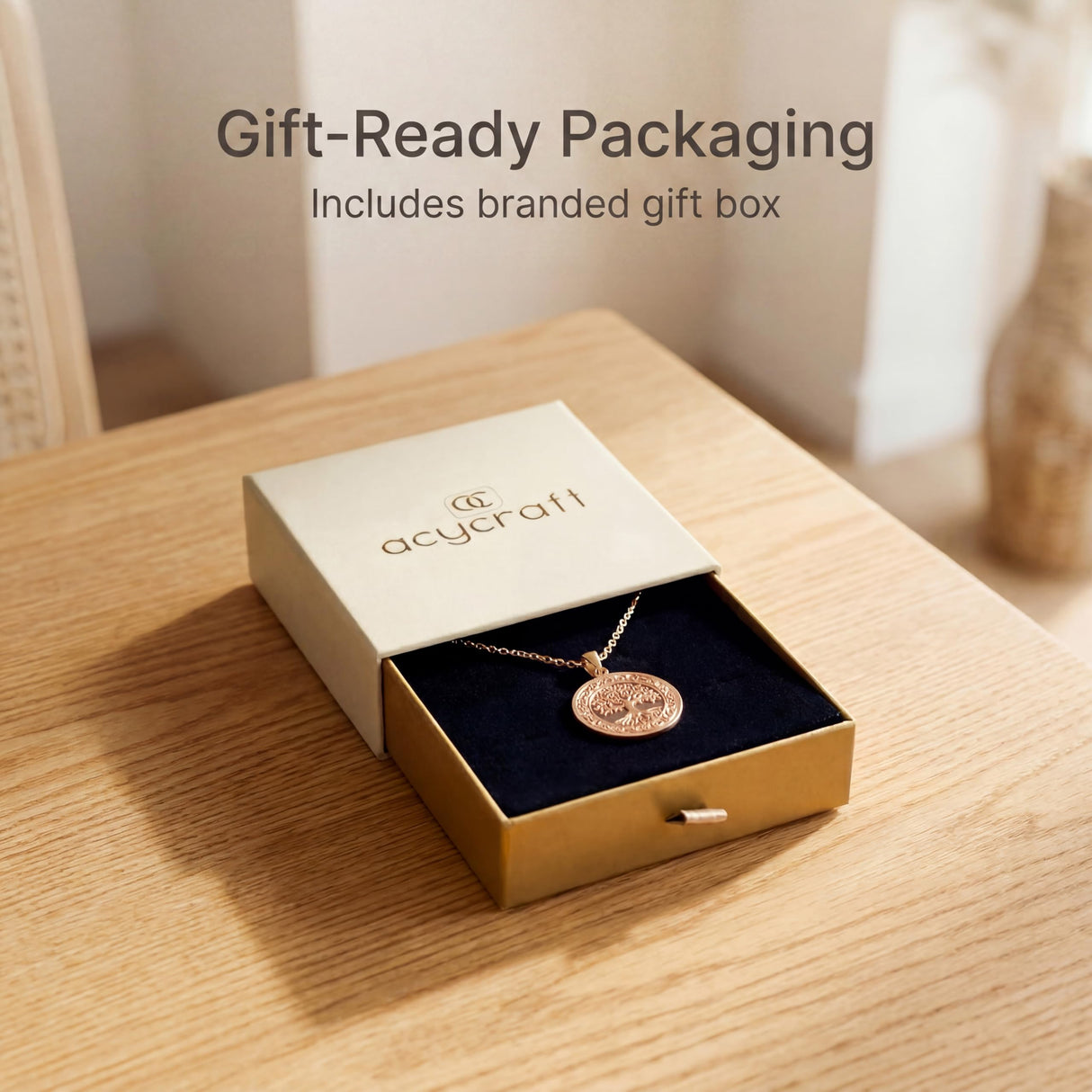 acycraft Tree of Life Pure Copper Pendant Necklace, Engraved Round Medallion (1.2”), 20.5” Stainless Steel Chain, Gift-Boxed | Aspendos