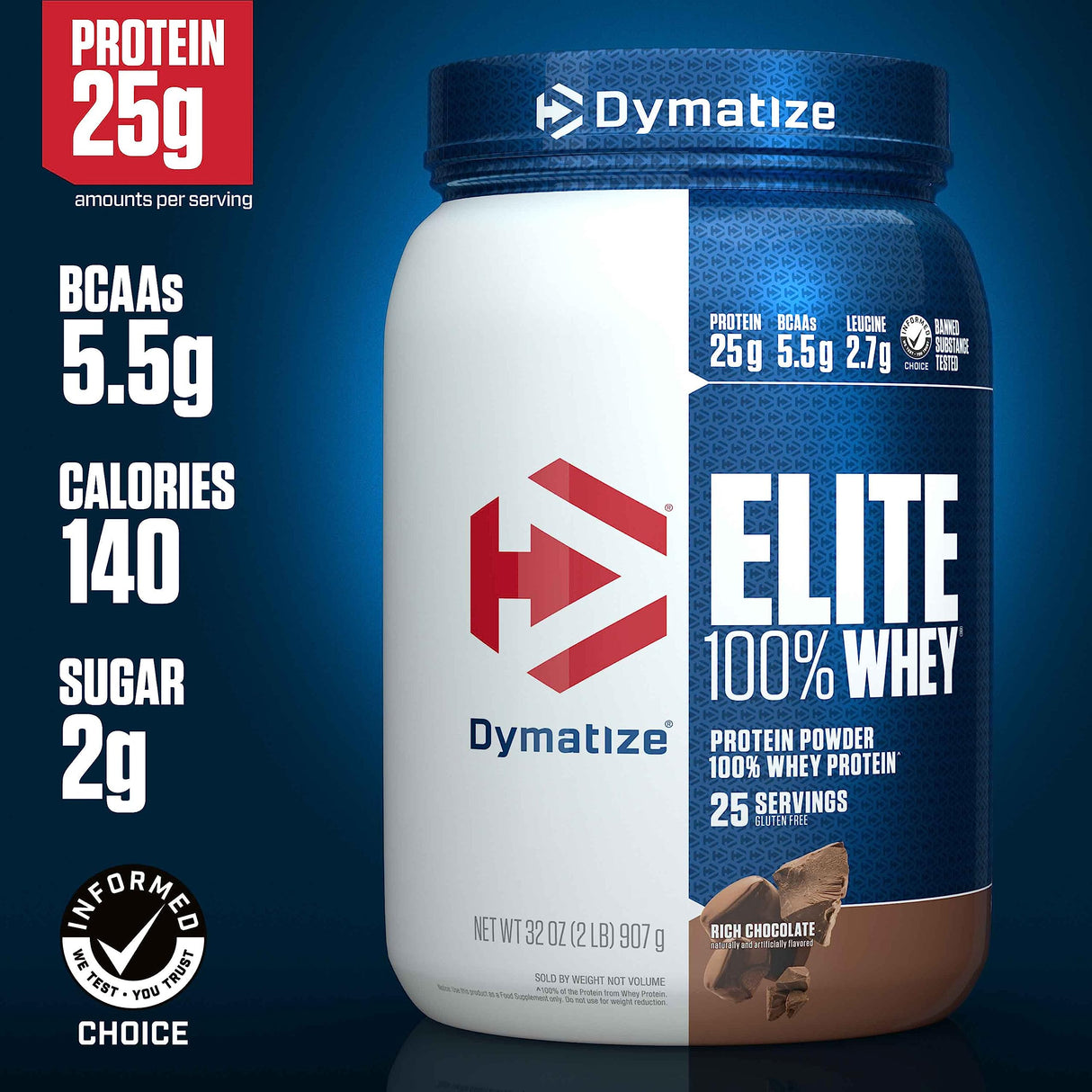 Dymatize Elite 100% Whey Protein Powder, Chocolate, 25g of Protein, 5.5g BCAAs, Less Than 140 Cal., Gluten Free, 3g Carb, 2g Sugar, 3g Fat (25 Servings)