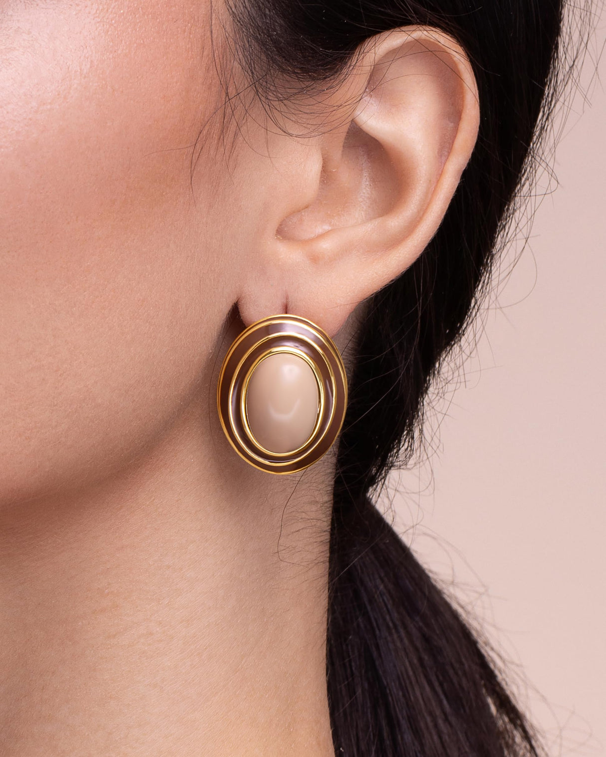 Large Chunky Brown Beige Tan 18K gold plated Round Oval Button Stud Enamel Statement Earrings for Women by SNGIA, Big Brown Bold Handmade Exaggerated Dome Retro Rounded Button Ball Trendy Bohemian Jewelry Gifts, Unique Baroque Vintage Summer Beach Fashion