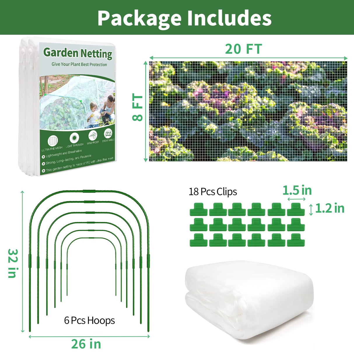Garden Netting Kit for Raised Beds, 8 x 20 FT Ultra Fine Mesh