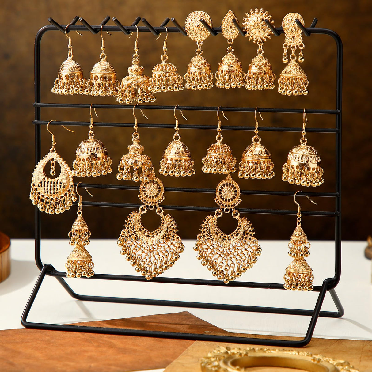 Nosiny 16 Pairs Jhumka Indian Earrings for Women Bell Dangle,Gold