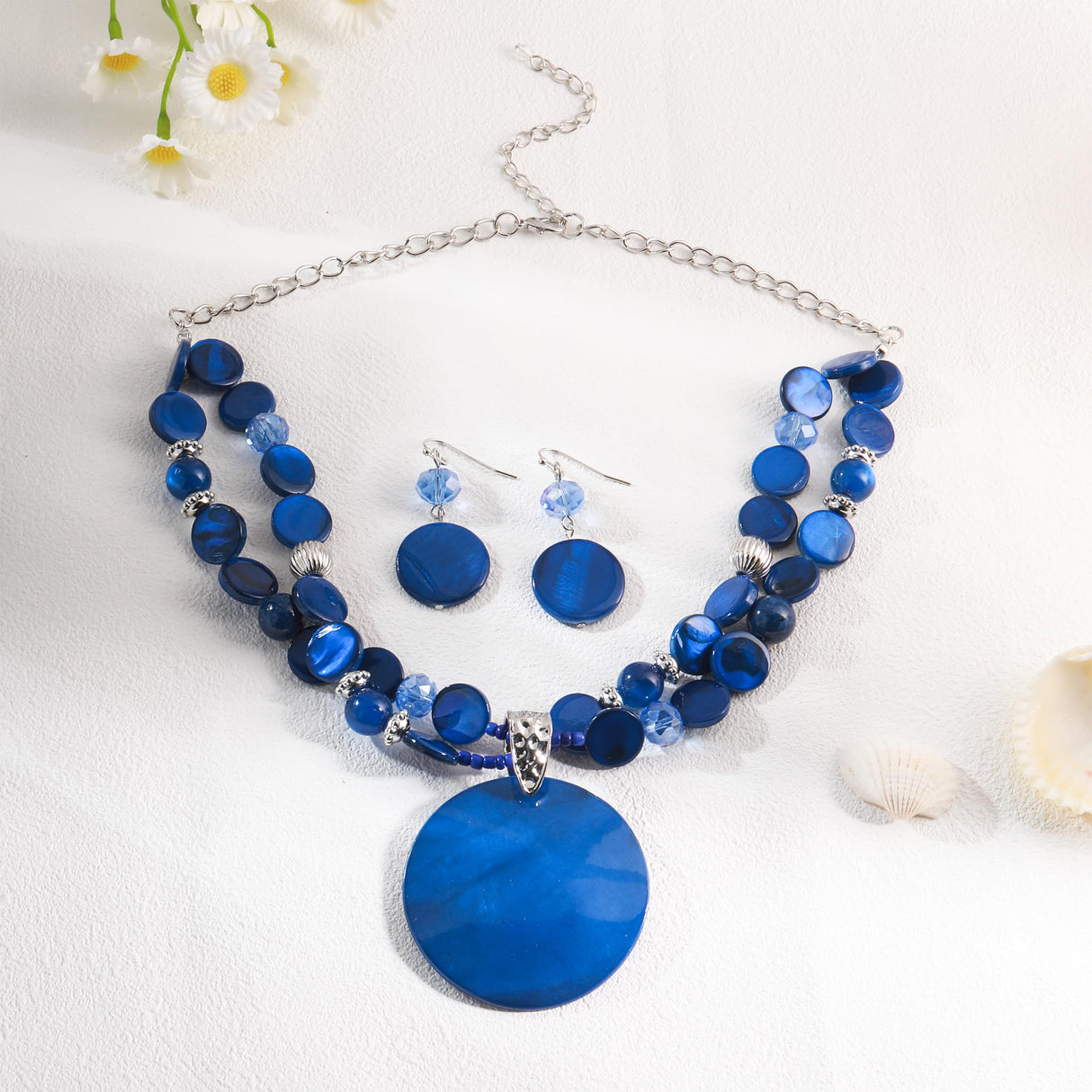 Xalroco Blue Layered Beads Statement Necklace for Women Big Colorful Glass Stone Circle Shell Pendant Necklace and Earring Set for Women