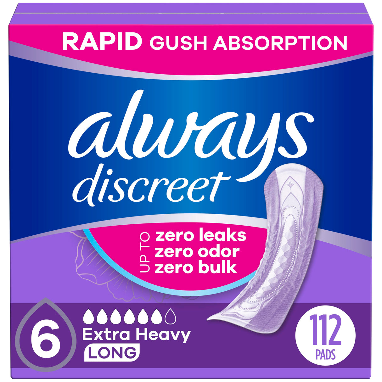 Always Discreet Adult Incontinence Pads for Women, Extra Heavy Absorbency, Long Length, Postpartum Pads, 112 CT