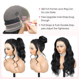 Hidden Strap Drawstring Wig 360 Lace Front Wigs Human Hair Pre Plucked, 200 Density Glueless Body Wave Frontal 360 Human Hair Full Lace Human Hair Wigs, HD Lace Front Wigs16 Inch