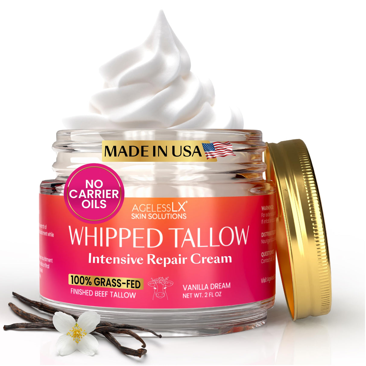 100% Grass Fed Beef Tallow for Skin - Face and Body - No Oils Added, Whipped Tallow Balm - Deep Hydration and Skin Repair - Vanilla Essence - Soothes Dry Skin and Irritation - Fast-Absorbing