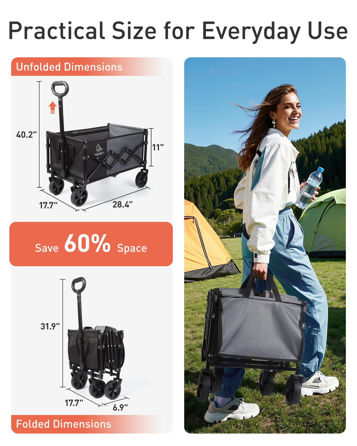 TOURIT Foldable Collapsible Wagon with All Terrain Wheels, Heavy Duty Portable Cart for Camping Beach Shopping, 330 lbs Capacity Utility Cart, Black
