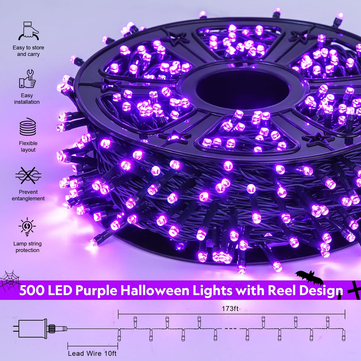 JMEXSUSS 500 LED Purple Halloween Lights, 173ft 8 Modes Halloween String Lights Outdoor Waterproof, Green Wire Purple LED Christmas Tree Light for Indoor Party House Christmas Decorations