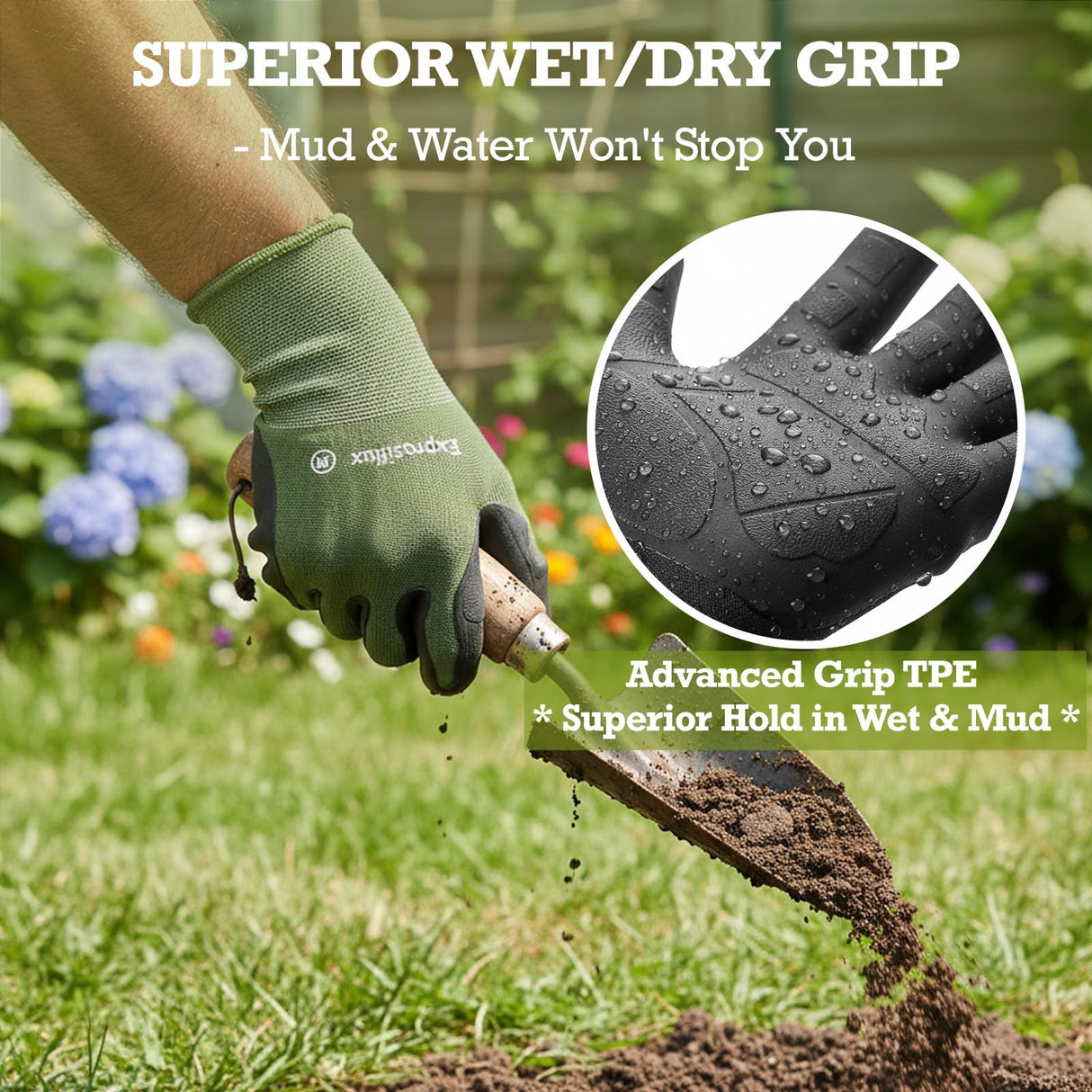 Exprosiflux 2 Pairs Non Slip TPE Gardening Gloves, Olive Green, M