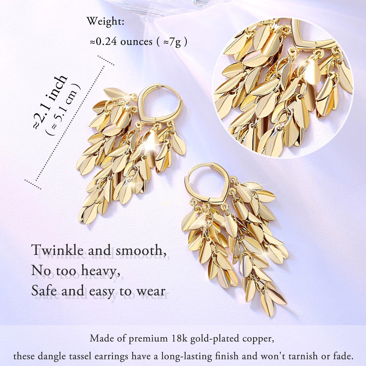 Hius 18K Gold Plated Sparkle Leaf Hoop Dangling Earrings for Women