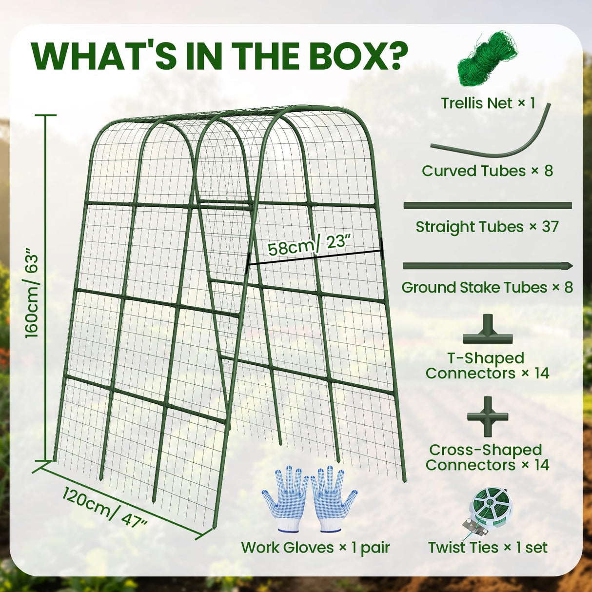 63" H x 47" L x 23" Cucumber Trellis for Raised Beds, Heavy Duty Metal Garden Arch Trellis with Nylon Net & Plant Ties, Vertical Trellis for Climbing Plants, Cucumbers, Tomatoes, Peas & Vines