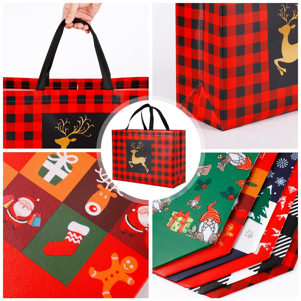 YANGTE 20 Pack Christmas Gift Bags Assorted Sizes, Reusable Tote Bags with Handle, Includes 4 Large 8 Medium 8 Small Non-Woven Christmas Bags for Xmas Party Favors
